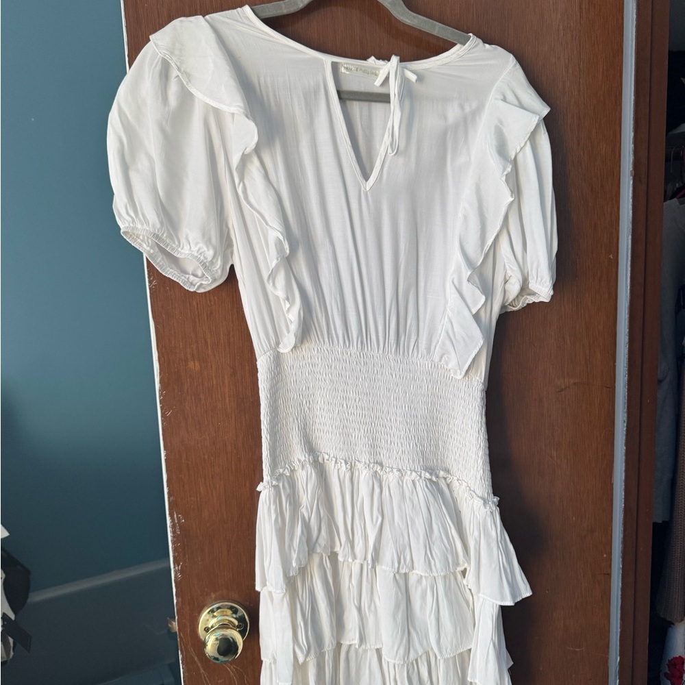 Mixology W.A.P.G White Ruffled Smocked tie mini Dress